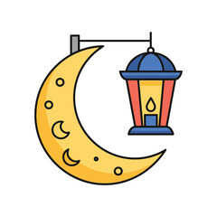 Crescent Moon with Lantern Hanging, Ramadan Symbol, Flat Design Vector Illustration