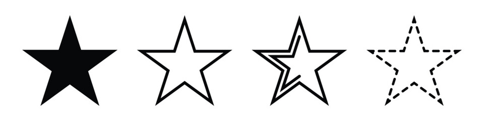 Obraz premium A set of star icons in various styles, including solid, outline, and dashed, for rating and quality representation.