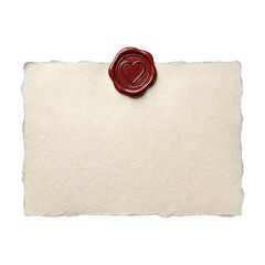 Vintage textured paper fragment with a classic red wax seal featuring a heartfelt heart emblem, perfect for messages, invitations, or romantic notes on a clean white background