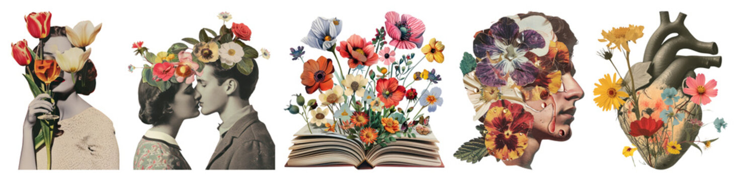 PNG Vintage floral surreal art collage on transparent background
