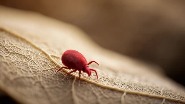 Vivid red velvet mite crawling across dry leaf surface, highlighting intricate movement and vibrant coloration within natural woodland environment