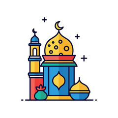 Islamic Mosque with Minaret and Crescent Moon Flat Design Vector Illustration