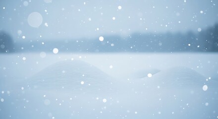 Serene winter landscape with snow covered ground and trees in background during snowfall
