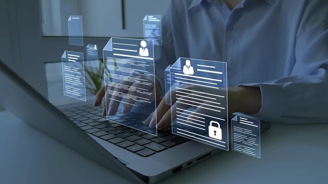 Documents confidentiality,cyber security protection concept. Software for security, searching and managing corporate document and employee information.Protecting herself from cyber attacks.	
