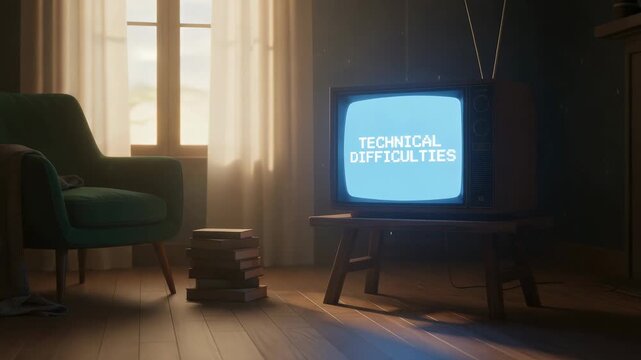 Vintage television set in a dimly lit living room showing a technical difficulties error message, creating a nostalgic and retro atmosphere with flickering light and old technology