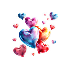 A whimsical collection of glossy, colorful heart illustrations, radiating warmth and affection, ideal for romantic themes and expressions of joy and heartfelt connection