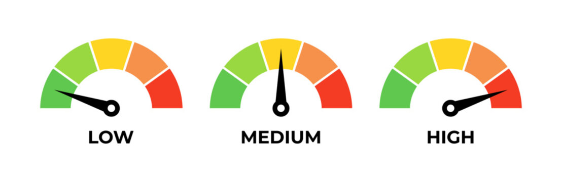 Set of three color-coded semi-circular performance gauge meters with black needles indicating low, medium, and high levels on a green to red graduated scale