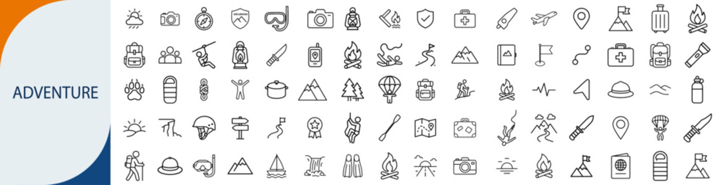 Adventure Icon Set: A comprehensive collection of meticulously crafted icons, each representing the essence of travel, exploration, and outdoor pursuits, perfect for a variety of creative projects.