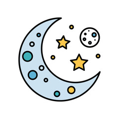 Crescent Moon with Stars and Planets in Flat Design Vector Illustration