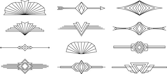 Geometric decorative designs, art deco ornaments, symmetrical line patterns, diamond shapes, arrow motifs, chevron style, fan elements, graphic embellishments, borders, dividers © MD