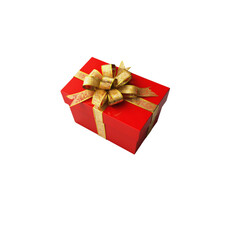 Closed red square gift box tightly wrapped with a metallic gold ribbon and a full bow, perfect for seasonal sales or luxury product presentation.