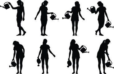 Obraz premium Collection of woman watering plants silhouettes in different poses isolated on gray background, gardening lifestyle activity illustration set