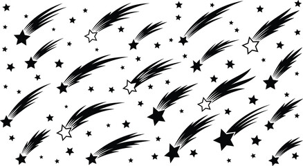 Set of shooting star and comet silhouettes scattered on gray background, celestial night sky illustration for decorative design use purposes © Sujoy