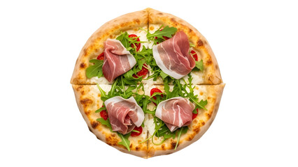Gourmet Pizza with Prosciutto and Arugula on Black Background