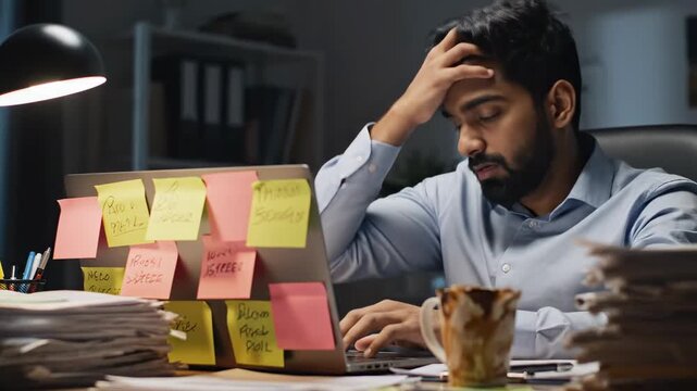 Overwhelmed indian worker feeling stressed and tired while multitasking at his desk late at night, surrounded by paperwork and sticky notes, eventually falling asleep from exhaustion