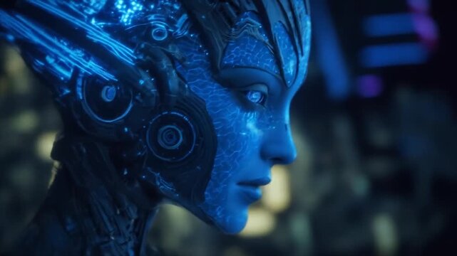 Futuristic blue alien portrait with glowing details in dark environment