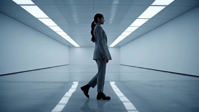 Overwhelmed businesswoman suffering from information overload and burnout, exploding into digital pixels and glitches as she walks through a futuristic, sterile, white corridor
