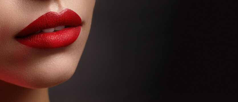Lips With Red Lipstick. Macro Photograph Highlighting Vibrant Red Lipstick And Skin Texture. Intimate Macro Examination Emphasizing Luminous Moisture And Precise Pigment Application On Lips