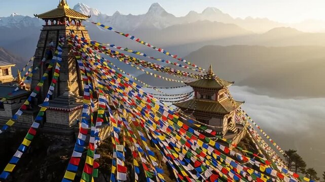 Ancient Buddhist temple with colorful prayer flags fluttering in the wind, overlooking a majestic mountain range at sunrise, creating a serene and spiritual atmosphere.