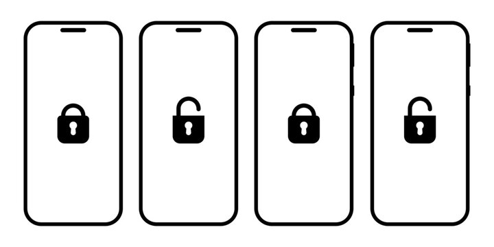 Smartphone security and lock screen mockup set. Minimalist mobile device wireframes with locked and unlocked padlock icons