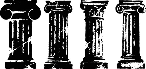 Naklejka premium Ancient greek architectural columns set classic doric, ionic, corinthian styles in black and white vintage design