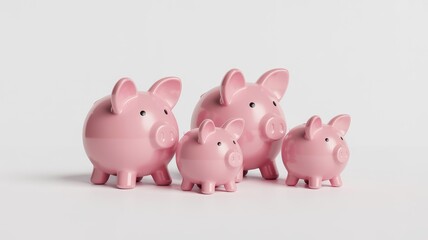 A family of pink piggy banks, varying in size, standing on a white surface.