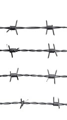 Close-up of four rows of silver barbed wire against a stark white backdrop, sharp barbs pointing out