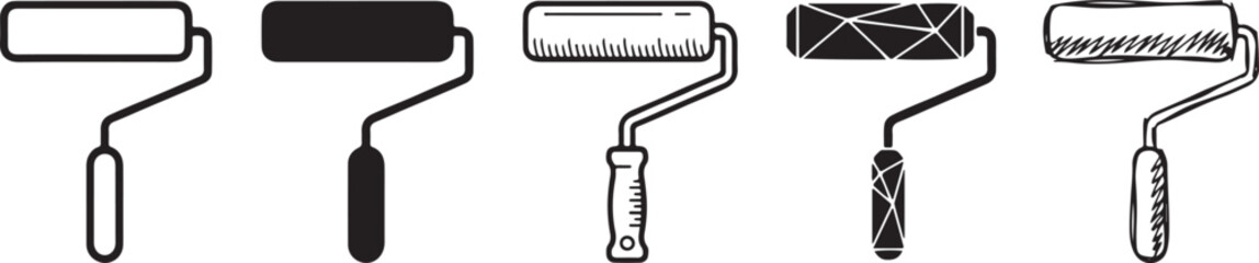 Obraz premium A row of five black and white icons illustrating different types of paint rollers or their states of use for painting tasks Vector