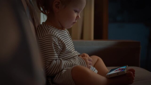 A toddler snuggled on the sofa stares intently at a smartphone screen, watching vibrant cartoons in potentially dim lighting, raising concerns about vision harm and parenting timing