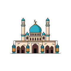 Mosque with Blue Dome and Minarets, Islamic Architecture, Flat Design Vector Illustration