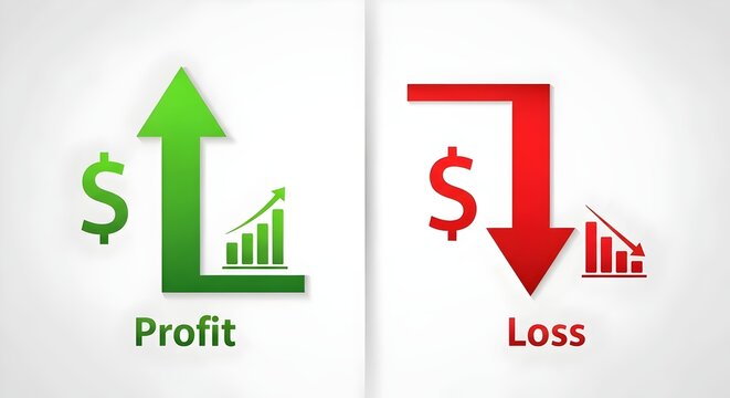 Profit and loss concept with green and red arrows.