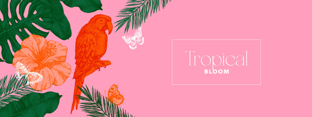 Vintage tropical background with exotic vibe. Parrot, tropical leaves, hibiscus, butterflies. Coffee, restaurant, food packaging, event decor concept. Hand drawn sketch vector illustration. © pim