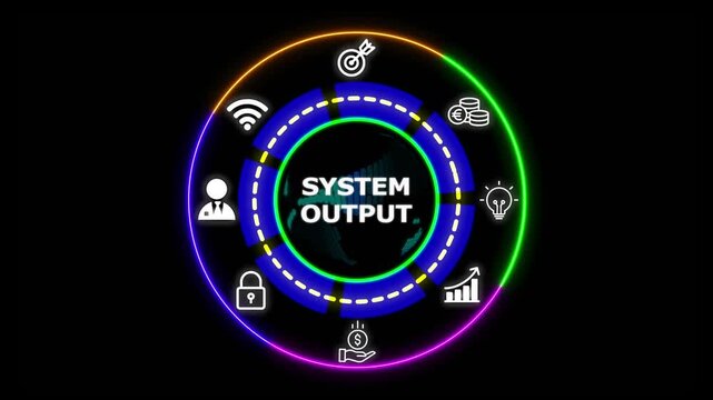 System output concept with circular digital dashboard, process icons, data flow visualization and technology interface.