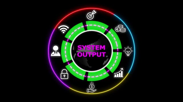 System output concept with circular digital dashboard, process icons, data flow visualization and technology interface.
