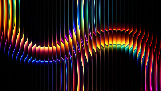 Abstract neon circles through vertical ribbed glass forming colorful geometric bright spectrum gradients, optical distortion, layered circular shapes for creative futuristic digital project. 3d render