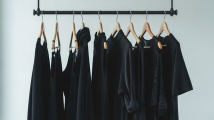 A sophisticated array of black garments hangs uniformly on a clothing rack.