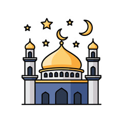 Mosque with Golden Dome and Minarets under Starry Night Sky vector illustration