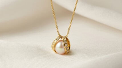 A delicate gold chain necklace with a luminous pearl pendant rests on soft fabric.