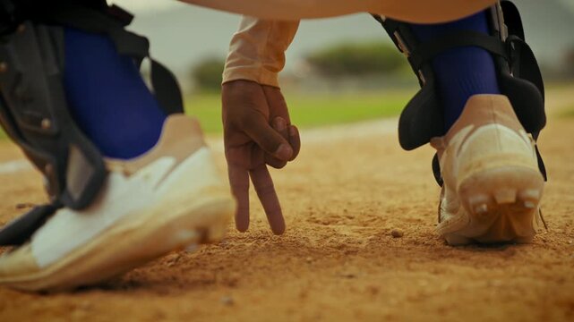 Catcher signals pitch from the dirt mound
