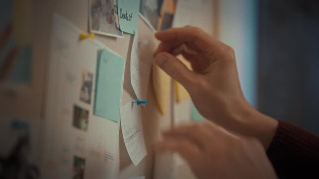 Man organizes his tasks methodically wall, using vibrant sticky notes pins to visually structure his planning, showcasing systematic approach to task management personal organization with clear hand