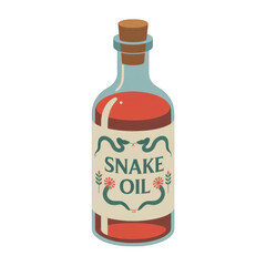 Cartoon of a snake oil bottle with green snakes and flowers isolated on a transparent background