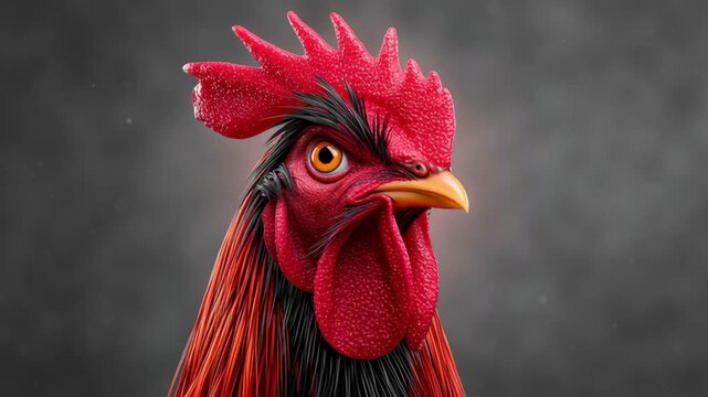 Vibrant red rooster with striking features and detailed plumage, showcasing its proud stance and expressive eyes against a blurred gray background