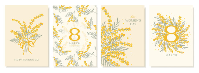 Fototapeta premium Set Of Greeting Cards For International Women's Day with Hand Draw Mimosa Branches In The Form Of a bouquet, wreath, seamless pattern. Vector design for covers, banners, posters