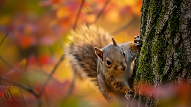A squirrel climbs a mossy tree in a vibrant autumn forest.