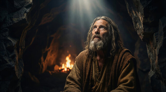 Prophet Elijah listening to God's still small voice in a dark cave illuminated by a divine ray of light.
