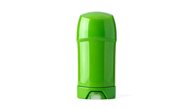 Glossy lime green stick deodorant container stands upright on a white background, casting gentle shadows