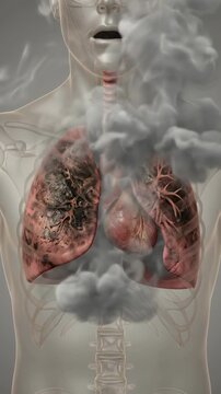 A person smokes as smoke covers the lungs in an anatomy view. Concept of smoking damage and lung disease. Vertical video