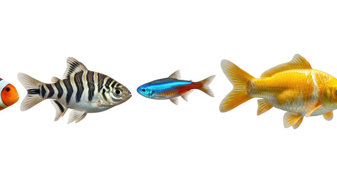 Four different colorful aquarium fish isolated on black background, freshwater and tropical fish species variety