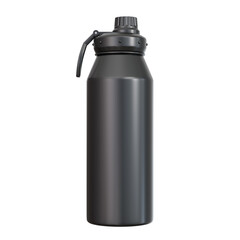 Front view of a matte black insulated water bottle standing upright and centered, with screw cap and carry strap, isolated on transparent background for product mockup. © pikopixel