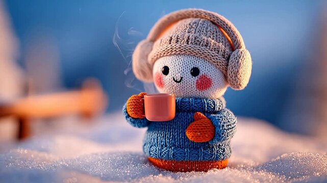 Knitted doll in winter holding cup